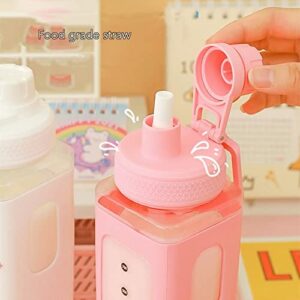 Large Kawaii Water Bottle with Straw and 3D Stickers Cute Aesthetic Bottle Kawaii Milk Bottle Tea Cup Juice Shaker Portable Silicone (700ml/24oz, White)