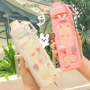 Large Kawaii Water Bottle with Straw and 3D Stickers Cute Aesthetic Bottle Kawaii Milk Bottle Tea Cup Juice Shaker Portable Silicone (700ml/24oz, White)