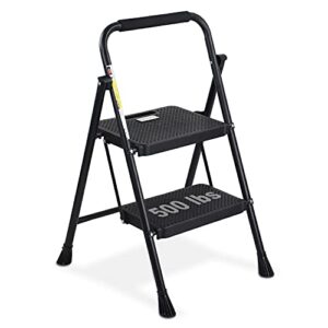 hbtower 2 step ladder, folding step stool with wide anti-slip pedal, sturdy steel ladder, convenient handgrip, lightweight 500lbs portable steel step stool, black