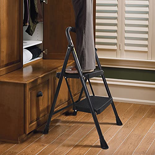 HBTower 2 Step Ladder, Folding Step Stool with Wide Anti-Slip Pedal, Sturdy Steel Ladder, Convenient Handgrip, Lightweight 500lbs Portable Steel Step Stool, Black