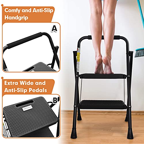 HBTower 2 Step Ladder, Folding Step Stool with Wide Anti-Slip Pedal, Sturdy Steel Ladder, Convenient Handgrip, Lightweight 500lbs Portable Steel Step Stool, Black