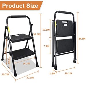 HBTower 2 Step Ladder, Folding Step Stool with Wide Anti-Slip Pedal, Sturdy Steel Ladder, Convenient Handgrip, Lightweight 500lbs Portable Steel Step Stool, Black