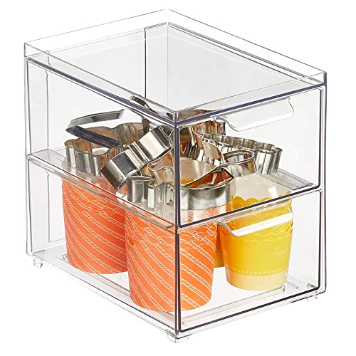 mDesign Stackable Storage Containers Box with 2 Pull-Out Drawers - Stacking Plastic Drawer Bins for Kitchen Pantry and Cupboard, Cabinet, Counter, Island and Tables - Lumiere Collection - Clear