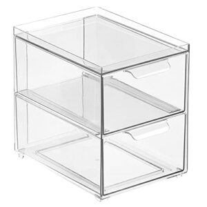 mDesign Stackable Storage Containers Box with 2 Pull-Out Drawers - Stacking Plastic Drawer Bins for Kitchen Pantry and Cupboard, Cabinet, Counter, Island and Tables - Lumiere Collection - Clear