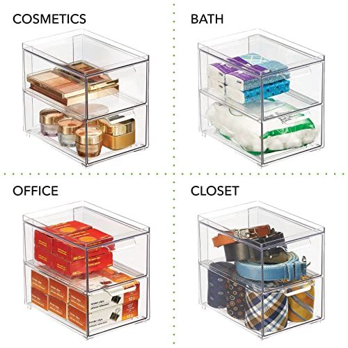 mDesign Stackable Storage Containers Box with 2 Pull-Out Drawers - Stacking Plastic Drawer Bins for Kitchen Pantry and Cupboard, Cabinet, Counter, Island and Tables - Lumiere Collection - Clear