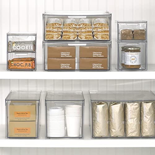 mDesign Stackable Storage Containers Box with 2 Pull-Out Drawers - Stacking Plastic Drawer Bins for Kitchen Pantry and Cupboard, Cabinet, Counter, Island and Tables - Lumiere Collection - Clear