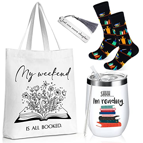 Sieral Sets of 4 Book Lovers Gifts Lover Appreciation Include Novelty Socks 12 oz Stainless Steel Wine Tumbler with Lid Library Canvas Tote Bag and Bookmark Tassel for Student Teacher Reader