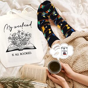 Sieral Sets of 4 Book Lovers Gifts Lover Appreciation Include Novelty Socks 12 oz Stainless Steel Wine Tumbler with Lid Library Canvas Tote Bag and Bookmark Tassel for Student Teacher Reader