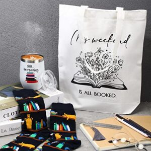 Sieral Sets of 4 Book Lovers Gifts Lover Appreciation Include Novelty Socks 12 oz Stainless Steel Wine Tumbler with Lid Library Canvas Tote Bag and Bookmark Tassel for Student Teacher Reader