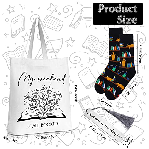 Sieral Sets of 4 Book Lovers Gifts Lover Appreciation Include Novelty Socks 12 oz Stainless Steel Wine Tumbler with Lid Library Canvas Tote Bag and Bookmark Tassel for Student Teacher Reader