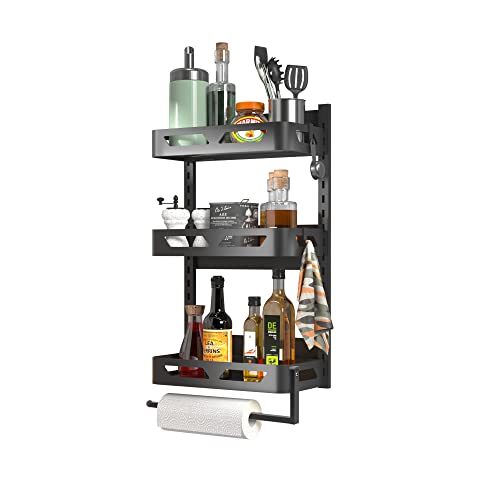 Supwunwang Magnetic Fridge Spice Rack Organizer，Magnetic Refrigerator Storage Rack with 3 Utility Hooks, 4 Tier Magnetic Paper Towel Holder, Multi Use Kitchen Rack Shelves [Matte Black] (Black)