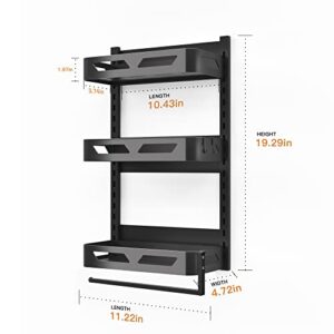 Supwunwang Magnetic Fridge Spice Rack Organizer，Magnetic Refrigerator Storage Rack with 3 Utility Hooks, 4 Tier Magnetic Paper Towel Holder, Multi Use Kitchen Rack Shelves [Matte Black] (Black)