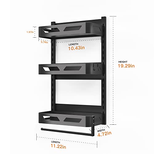 Supwunwang Magnetic Fridge Spice Rack Organizer，Magnetic Refrigerator Storage Rack with 3 Utility Hooks, 4 Tier Magnetic Paper Towel Holder, Multi Use Kitchen Rack Shelves [Matte Black] (Black)