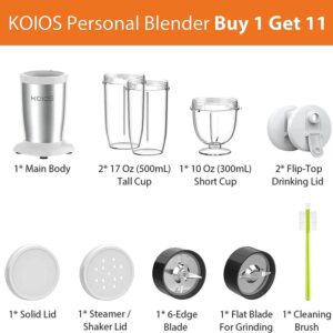 KOIOS PRO 850W Bullet Personal Blender for Shakes and Smoothies, Protein Drinks, 11 Pieces Set Blender for Kitchen Baby Food with Ultra Smooth 6-Edge Blade, Coffee Grinder for Beans, Nuts, Spices, 2x17 Oz + 10 Oz Large & Small To-Go Cups, 2 Spout Drinking