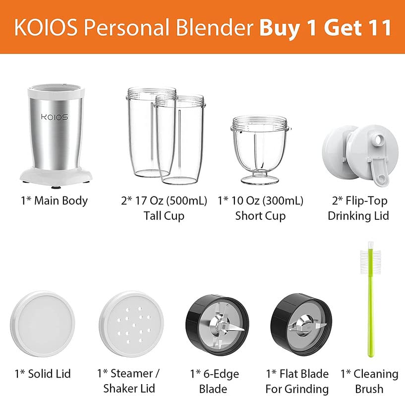 KOIOS PRO 850W Bullet Personal Blender for Shakes and Smoothies, Protein Drinks, 11 Pieces Set Blender for Kitchen Baby Food with Ultra Smooth 6-Edge Blade, Coffee Grinder for Beans, Nuts, Spices, 2x17 Oz + 10 Oz Large & Small To-Go Cups, 2 Spout Drinking