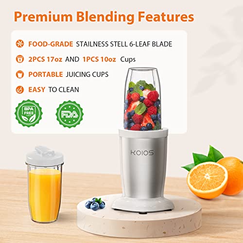 KOIOS PRO 850W Bullet Personal Blender for Shakes and Smoothies, Protein Drinks, 11 Pieces Set Blender for Kitchen Baby Food with Ultra Smooth 6-Edge Blade, Coffee Grinder for Beans, Nuts, Spices, 2x17 Oz + 10 Oz Large & Small To-Go Cups, 2 Spout Drinking