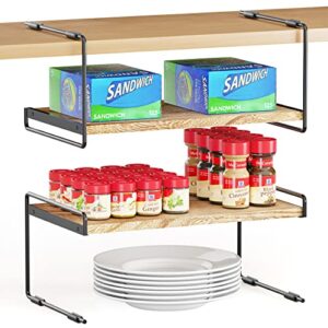 spaceaid cabinet shelf organizers 2 pack, kitchen counter organizer rack under shelves riser, pantry cupboard storage organization, metal and wood, black and natural, 16″ wide