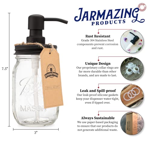 Jarmazing Products Mason Jar Soap Dispenser - Black - with 16 Ounce Ball Mason Jar - Made from Rust Proof Stainless Steel