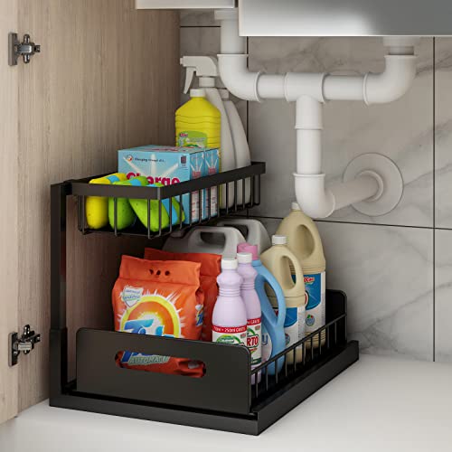 Webetop Under Kitchen Sink Organizers and Storage, 2 Tier Pull Out Cabinet Organizer, Multi-Purpose Sliding Shelf Under Bathroom Drawer- 14.2L x 10.6W x 11H