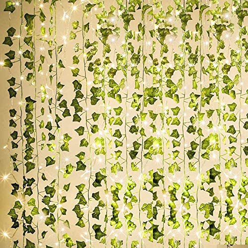 KASZOO 84Ft 12 Pack Artificial Ivy Garland Fake Plants, Vine Hanging Garland with 80 LED String Light, Hanging for Home Kitchen Garden Office Wedding Wall Decor, Green