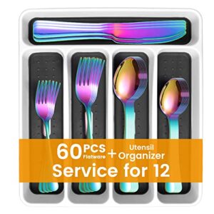 60-piece rainbow flatware set with organizer for 12, colorful stainless steel silverware cutlery set, kitware dinnerware eating utensils knives forks spoons, mirror polished