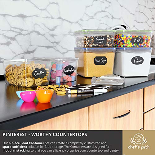 Chef's Path Food Storage Containers - Pantry Organization and Storage - Great for Flour, Sugar, Baking Supplies - Airtight Kitchen Bulk Food Canisters - BPA-Free - 6 PC Set - Spoons, 8 Labels & Pen