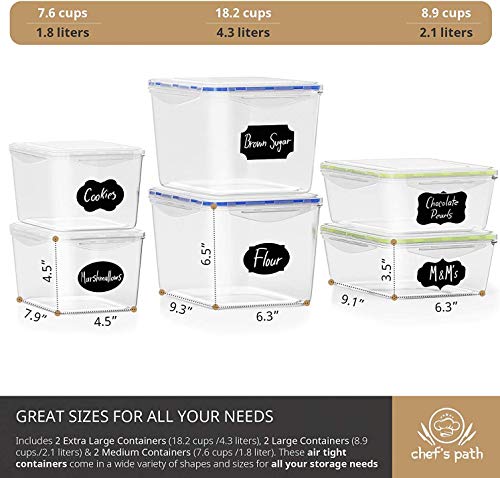 Chef's Path Food Storage Containers - Pantry Organization and Storage - Great for Flour, Sugar, Baking Supplies - Airtight Kitchen Bulk Food Canisters - BPA-Free - 6 PC Set - Spoons, 8 Labels & Pen