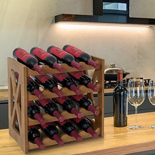 NHZ Wine Rack freestanding Floor, Wooden Wine Rack, Sturdy and Durable Wine Storage Cabinet Shelf, Wine Racks Countertop - 4 Tiers 16 Bottle Wine Holder for Kitchen, Pantry, Cellar.