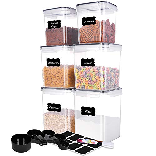 ME.FAN Food Storage Containers [Set of 6] Food Canisters / Flour Container - Pantry Bulk Airtight Storage Keeper with 5 Set Measuring Cups 24 labels & Pen - Black