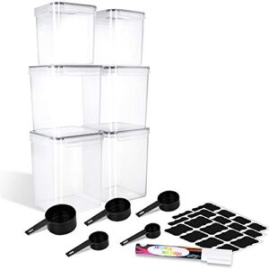 ME.FAN Food Storage Containers [Set of 6] Food Canisters / Flour Container - Pantry Bulk Airtight Storage Keeper with 5 Set Measuring Cups 24 labels & Pen - Black