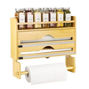 Foil and Plastic Wrap Organizer, Bamboo Aluminum Foil Dispenser with Paper Towel Holder, Compatible with Foil, Wax Paper, Kitchen Paper Towel and Spice Jars