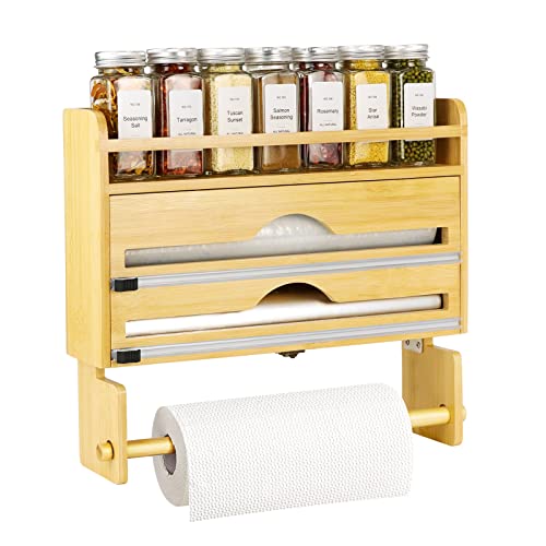 Foil and Plastic Wrap Organizer, Bamboo Aluminum Foil Dispenser with Paper Towel Holder, Compatible with Foil, Wax Paper, Kitchen Paper Towel and Spice Jars