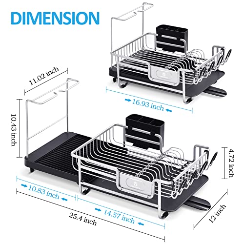 KINGRACK Expandable Dish Drying Rack,Aluminium Foldable Dish Racks for Kitchen Counter,Adjustable Dish Drying Rack with Drainboard Set Swivel Spout,Removable Utensil Holder,Cups Holder,Black