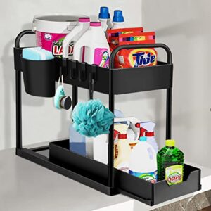 under sink organizer, sliding cabinet basket organizer 2 tier under bathroom organizer with hooks, hanging cup, multi-purpose under sink organization and storage for bathroom kitchen