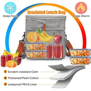 Lunch Bag for Women Men, Expandable Dual Compartment Lunch Box with Utensil Pouch, Reusable Insulated Lunch Cooler Bags with Shoulder Strap, Adult Large Lunch Bag for Work School Picnic Beach