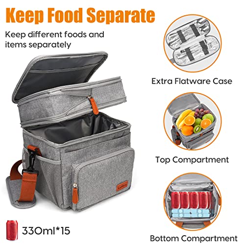 Lunch Bag for Women Men, Expandable Dual Compartment Lunch Box with Utensil Pouch, Reusable Insulated Lunch Cooler Bags with Shoulder Strap, Adult Large Lunch Bag for Work School Picnic Beach