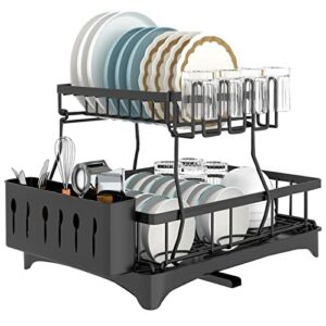 dish drying rack, 2 tier large dish racks, stainless steel dish rack, detachable, space saver, anti rust, dish drainers for kitchen counter with drainboard and drainage, 16″*12″*13″, black