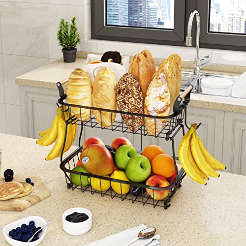 2 Tier Fruit Basket with 2 Banana Hangers, Countertop Fruit Vegetable Basket Bowl for Kitchen Counter Metal Wire Storage Basket Fruits Stand Holder Organizer for Bread Snack Veggies Produce, Black