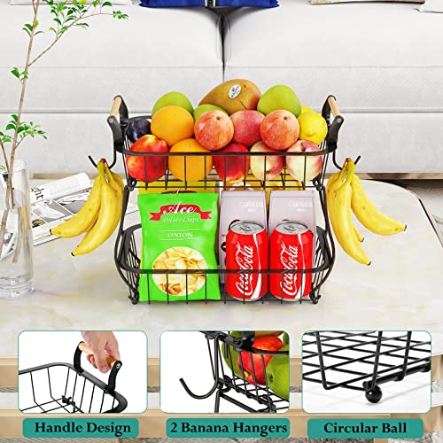 2 Tier Fruit Basket with 2 Banana Hangers, Countertop Fruit Vegetable Basket Bowl for Kitchen Counter Metal Wire Storage Basket Fruits Stand Holder Organizer for Bread Snack Veggies Produce, Black