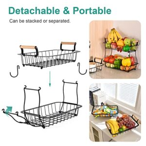 2 Tier Fruit Basket with 2 Banana Hangers, Countertop Fruit Vegetable Basket Bowl for Kitchen Counter Metal Wire Storage Basket Fruits Stand Holder Organizer for Bread Snack Veggies Produce, Black