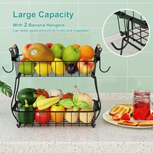 2 Tier Fruit Basket with 2 Banana Hangers, Countertop Fruit Vegetable Basket Bowl for Kitchen Counter Metal Wire Storage Basket Fruits Stand Holder Organizer for Bread Snack Veggies Produce, Black