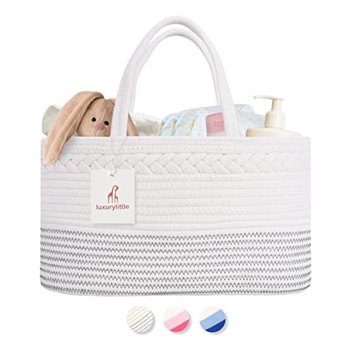 luxury little Baby Diaper Caddy Organizer, Large Cotton Rope Nursery Diaper Basket, Changing Table Organizer, Portable Tote Bag with Divider, Car Storage, Baby Shower Gifts for Newborn