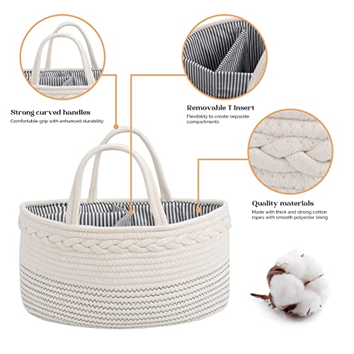 luxury little Baby Diaper Caddy Organizer, Large Cotton Rope Nursery Diaper Basket, Changing Table Organizer, Portable Tote Bag with Divider, Car Storage, Baby Shower Gifts for Newborn