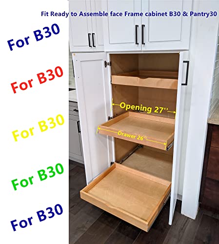 26'' Width Drawer Roll Wood Tray Drawer Box Kitchen Organizer Cabinet Slide Out Shelve, Pull-Out Shelf, Pantry Organization & Storage w/ Sliders-- DIY Project (Fits RTA Face Frame B30 and Pantry30)