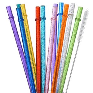 alink 12-pack glitter reusable clear plastic straws, 11″ long hard tumbler drinking straws with cleaning brush (10 colors)