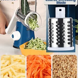Rotary Cheese Grater Round Mandolin Slicer, Ourokhome Handheld Hashbrown Shredder with 3 Drum Blades, Kitchen Manual Speed Walnut Grinder for Potato, Carrot, Vegetables, Nuts, Zucchini (Dark Blue)