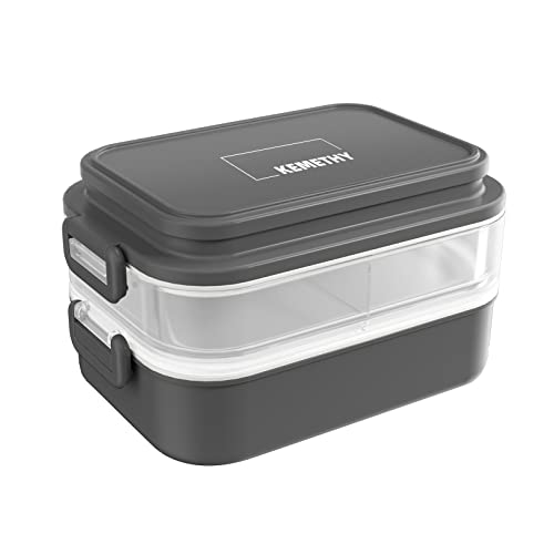 KEMETHY Bento Box Adult Lunch Box, Bento Lunch Box for Adults, Stackable Bento Lunch Containers for Adults, Leak-Proof 2000ML/68OZ Large Capacity Adult Bento Box with Tableware and Sauce Cups, Gray