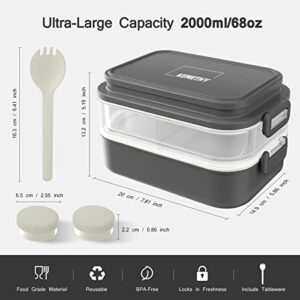 KEMETHY Bento Box Adult Lunch Box, Bento Lunch Box for Adults, Stackable Bento Lunch Containers for Adults, Leak-Proof 2000ML/68OZ Large Capacity Adult Bento Box with Tableware and Sauce Cups, Gray