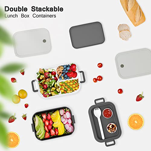 KEMETHY Bento Box Adult Lunch Box, Bento Lunch Box for Adults, Stackable Bento Lunch Containers for Adults, Leak-Proof 2000ML/68OZ Large Capacity Adult Bento Box with Tableware and Sauce Cups, Gray