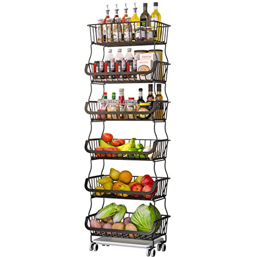 ALPHYSE Fruit Basket for Kitchen, Wire Baskets for Fruit and Vegetable Storage, 6 Tier Stackable Baskets with Wheels and Anti-Skid Feet for Kitchen, Pantry, Bathroom